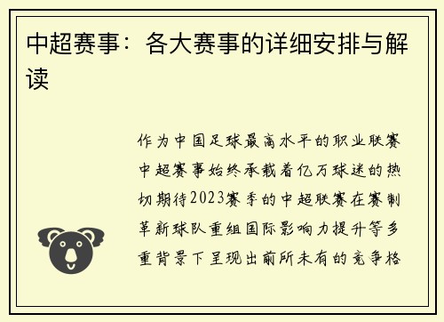 中超赛事：各大赛事的详细安排与解读