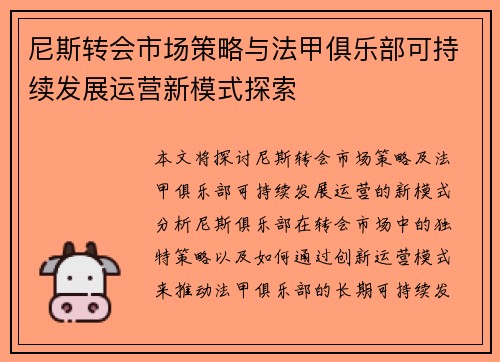 尼斯转会市场策略与法甲俱乐部可持续发展运营新模式探索