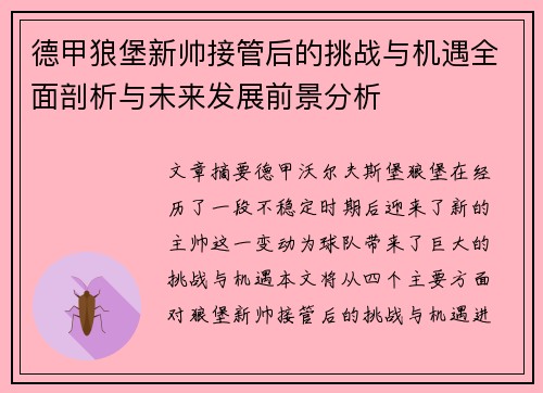 德甲狼堡新帅接管后的挑战与机遇全面剖析与未来发展前景分析