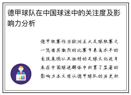 德甲球队在中国球迷中的关注度及影响力分析