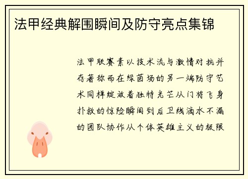 法甲经典解围瞬间及防守亮点集锦